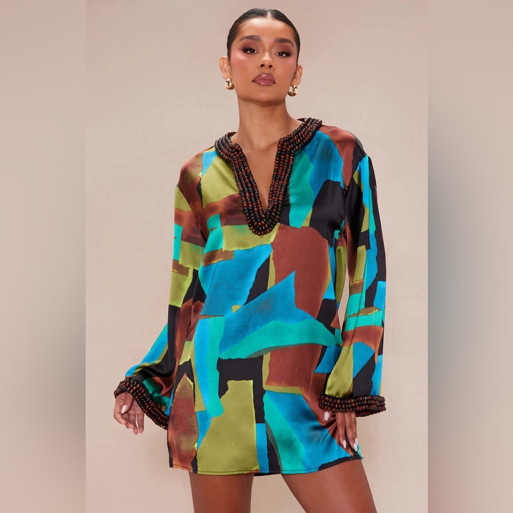 Fashion Nova - Dylan Satin Kaftan Mini Dress - Blue/combo - Sz S